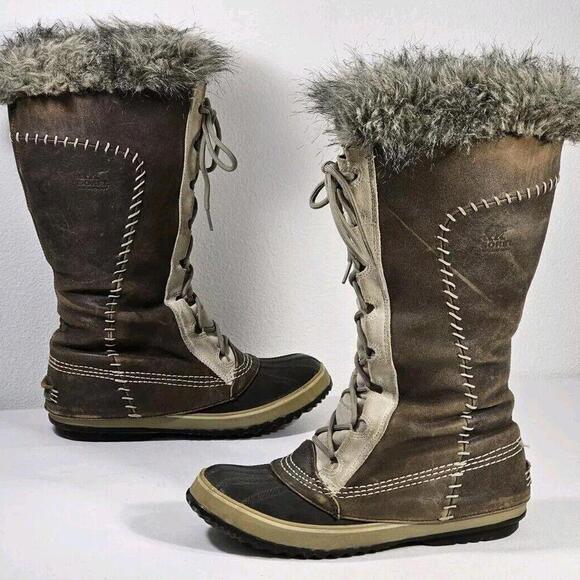 Sorel Cate The Great Tusk Stone Gray Leather Tall Wool Lined Boots Women's Sz 10 - Picture 1 of 14